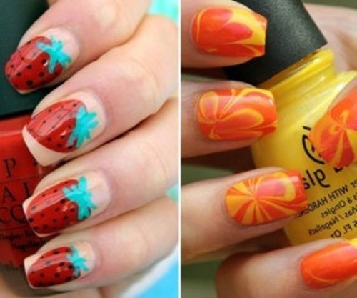 Пара яркого арта на ногтях: клубника и апельсин