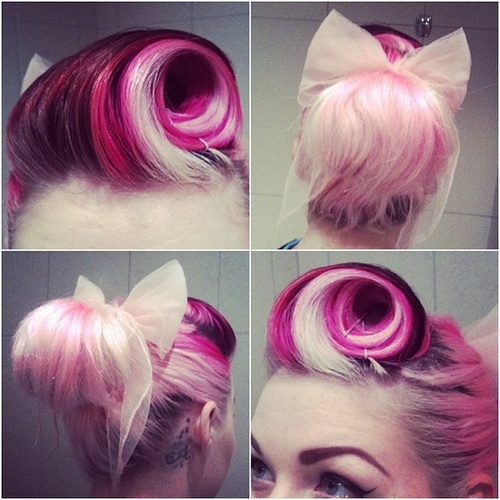 Прическа Кок с окрасшиванием волос в розовые оттен
