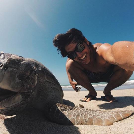 Парень в очках на пляже и большая черепаха