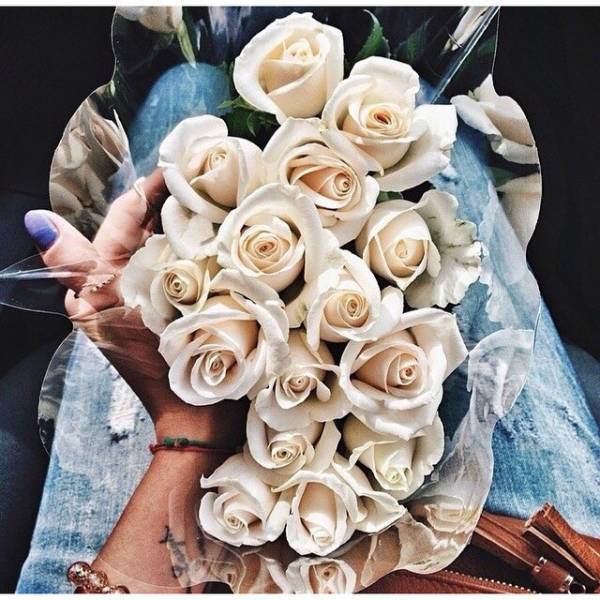 Белые розы на коленях девушки