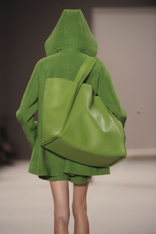 Зелёное пальто с капюшоном и большая зелёная сумка