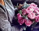 Букет розовых пионов в руках девушки