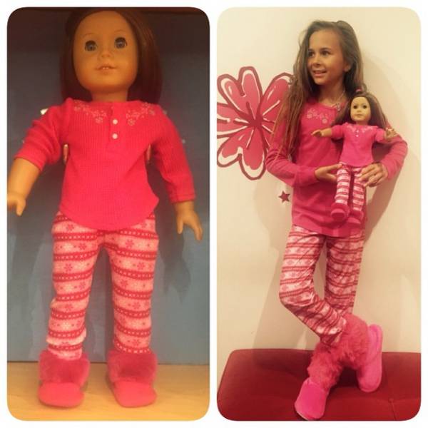 Девочка с куклой American Girl в одинаковой пижаме