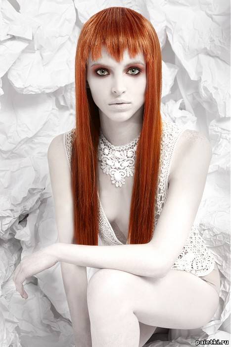 Креативная челка на длинные рыжие волосы