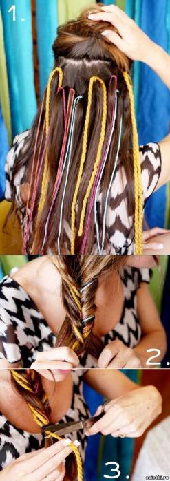 Цветные веревочки жгутики, вплетенные в косу