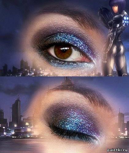 Блестящий сине-фиолетовый макияж для карих глаз