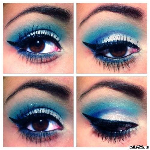 Бирюзово-синий макияж со стрелками для карих глаз